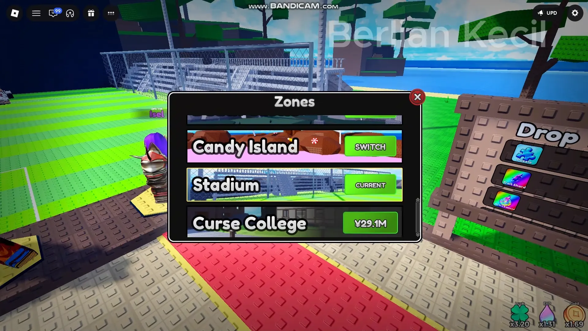 Zones menu showing Candy Island SWITCH, Stadium CURRENT and Curse College ¥29.1M, with the Stadium Drop board beside it.